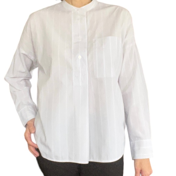 Everlane Women's Grey White Striped Oversized 100%Cotton Collarless Shirt Size4 - Picture 3 of 15